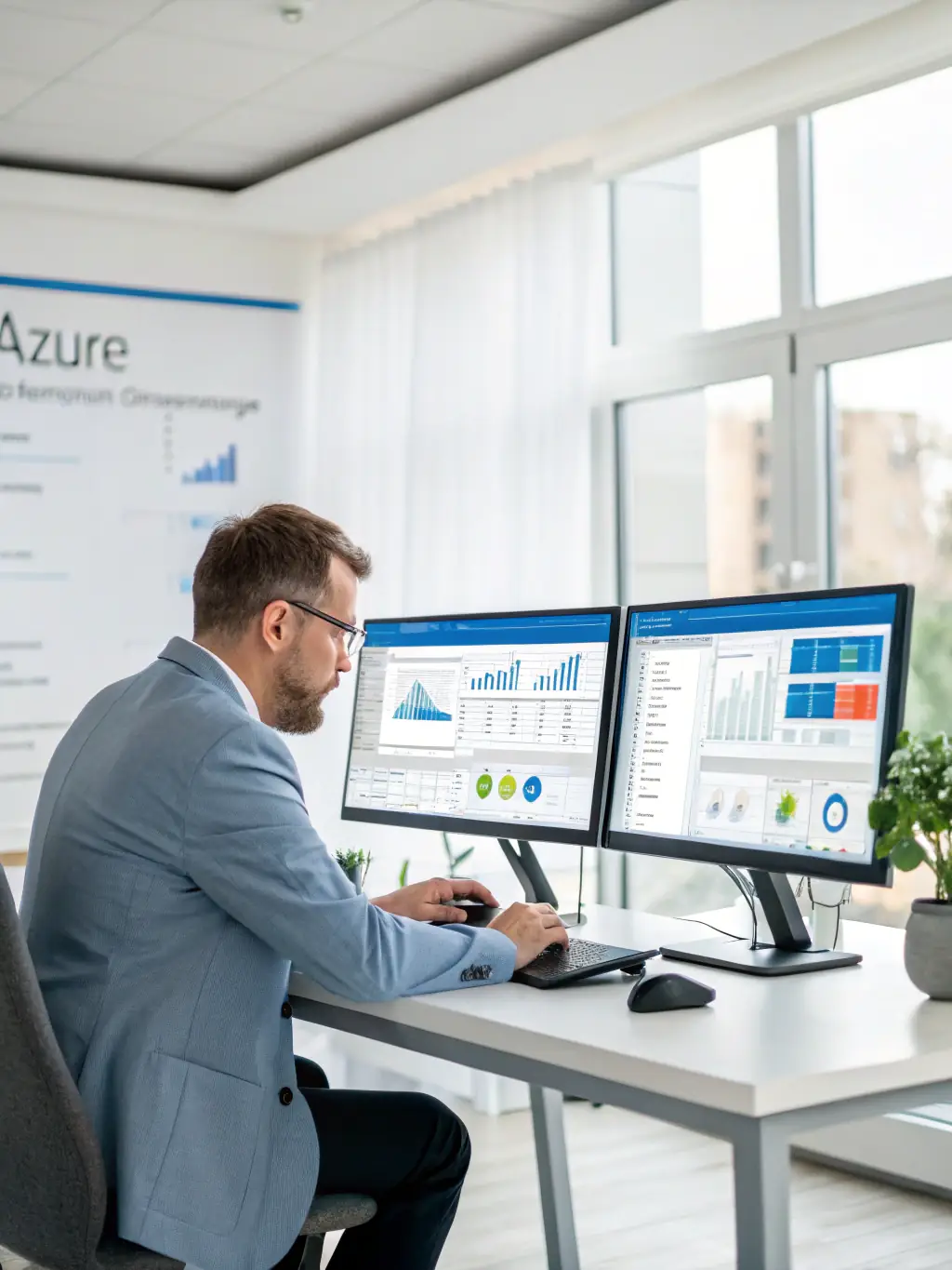A professional working on AI models within a Microsoft Azure dashboard, showcasing the integration of AI solutions within the Microsoft environment.
