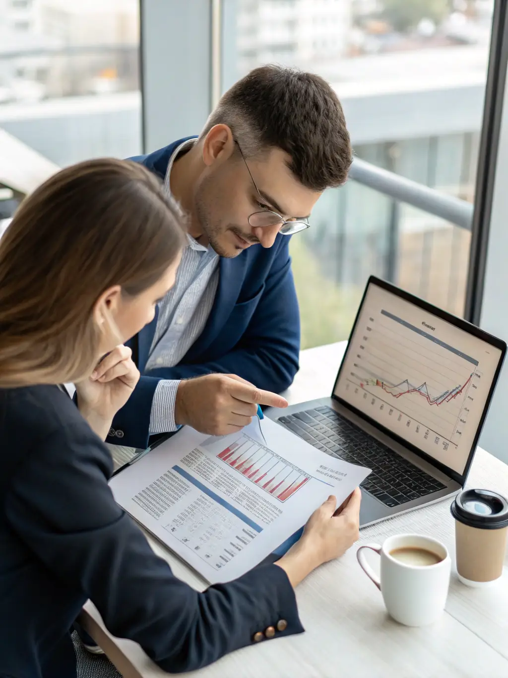 A consultant analyzing organizational data with a client, illustrating the benefits of a free organization audit.